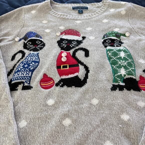 Karen Scott Gray Holiday Cat Sweater Womens Medium Christmas Knit - Picture 2 of 5